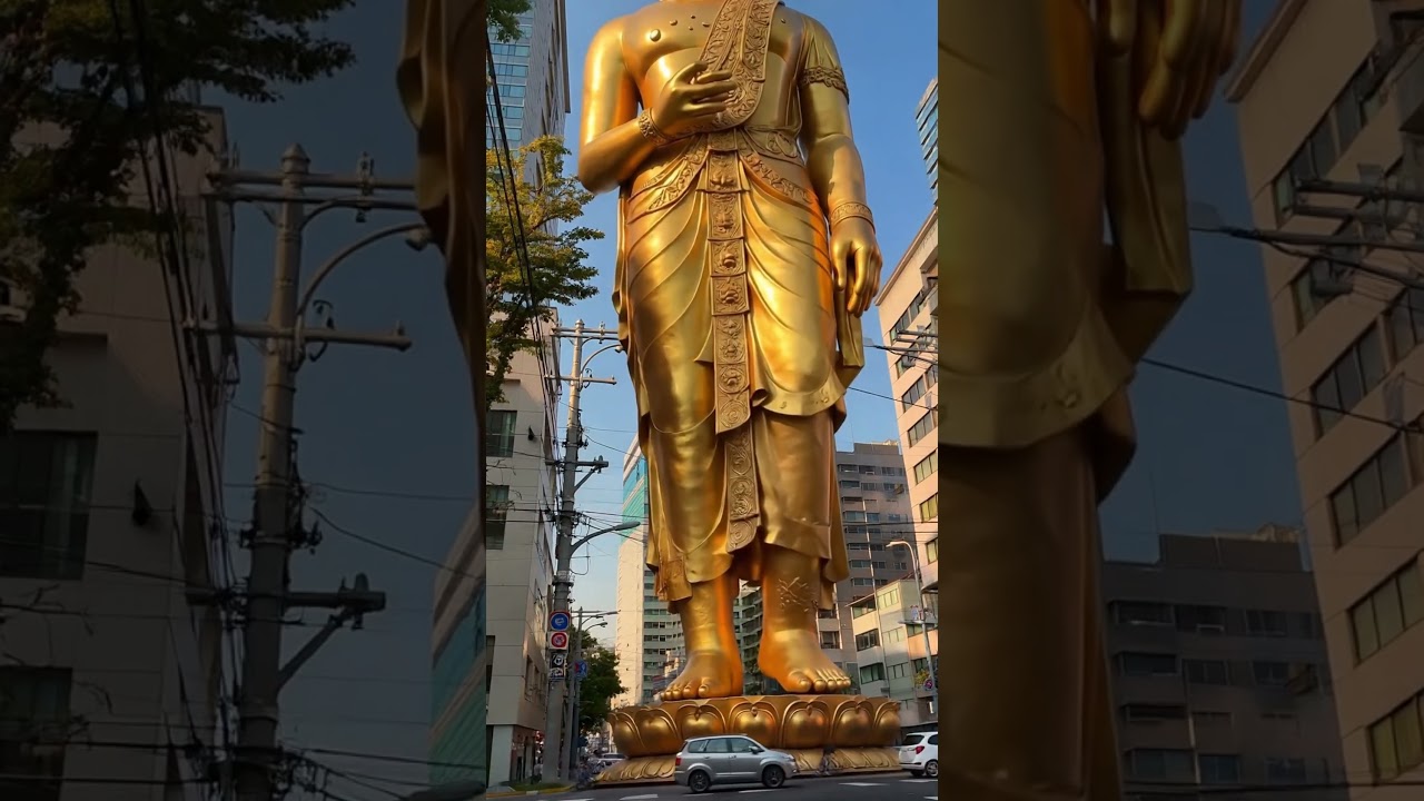 震撼！金色大佛漫步繁华都市街头，带来宁静与祥和 #佛像 #都市奇景